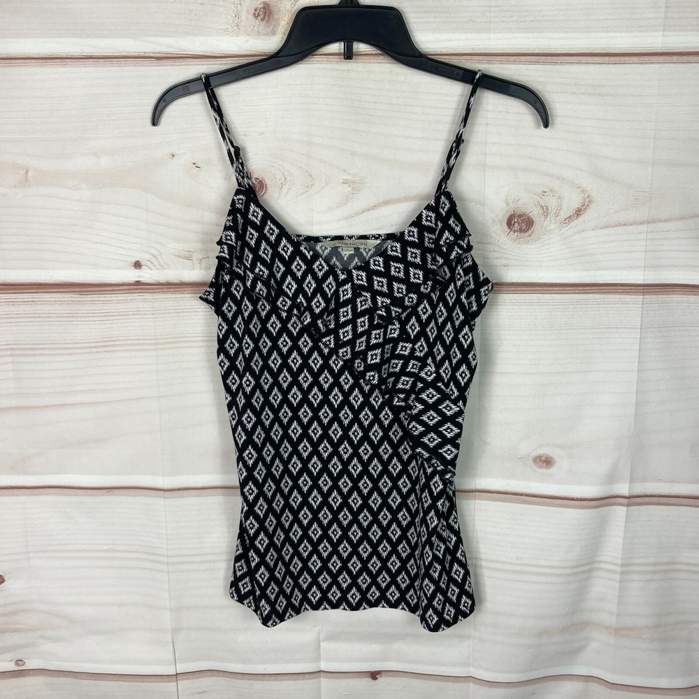41 Hawthorn Top Womens S Black White Geometric Cami Tank Knit Ruffles Sleeveless